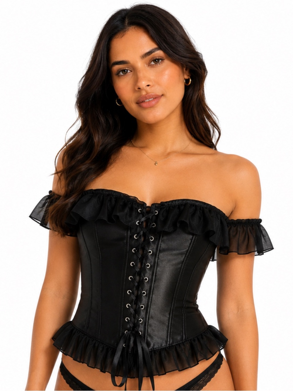 Adore Me Black Satin-Look Bustier with Lace-Up Accent Size Large